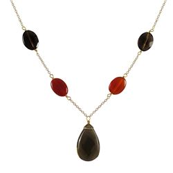 Smoky Teardrop Semi Precious Stone Y Necklace, Gold Plated Brass Chain, 18