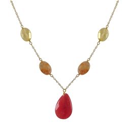 Hot Pink Teardrop Semi Precious Stone Y Necklace, Gold Plated Brass Chain, 18