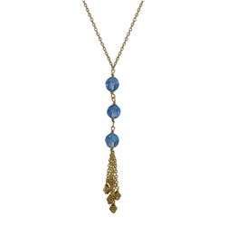 Three 7Mm Blue AB Preciosa Beads Tassel Necklace, Gold Plated Brass Chain, 15" 2"