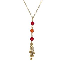 Three 6Mm Red AB And Orange Preciosa Beads Tassel Necklace, Gold Plated Brass Chain, 15" 2"