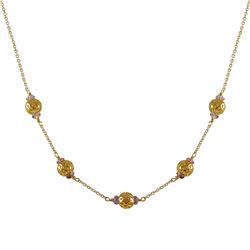 Gold Plated Brass 8Mm Ball And 4Mm Amy Semi Precious Stone Necklace, Gold Plated Brass Chain, 16