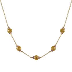 Gold Plated Brass 8Mm Ball And 4Mm Amy Semi Precious Stone Necklace, Gold Plated Brass Chain, 16