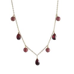 Garnet 6X9mm CZ And Rhodonite(Pink) 6Mm Round Balls Hanging From Gold Plated Brass Chain Necklace, 1