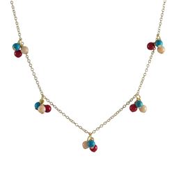 Genuine Red Coral, Turquoise, And Peach 4Mm Balls Dangling, Gold Plated Brass Chain Necklace, 16" 2"