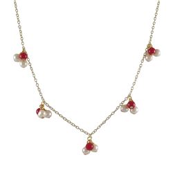 White 4Mm Fresh Water Pearls And Red 4Mm Balls Dangling, Gold Plated Brass Chain Necklace, 16" 2"