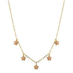 5 Pink Enamel Flower Charms On A Gold Tone Brass Necklace, 15" 2"