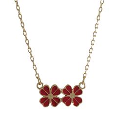 Red Enamel Four Leaf Clover, Gold Tone Brass Necklace