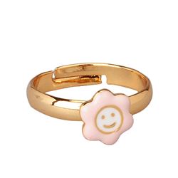 Pink Enamel Smiley, Gold Tone Brass Ring Size 5-6