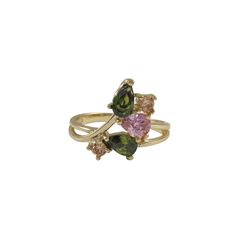 Multi Color CZ Leaf Design, Gold Plated Brass Ring, Size 5