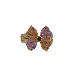 Pink And Champagne CZ 15X17mm Four Leaf Clover Flower, Gold Plated Brass Ring