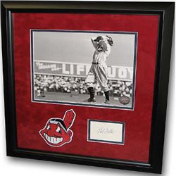 Bob Feller Signed Index Card Cleveland Indians 8X10 B&W Photo Custom Framed With Patch