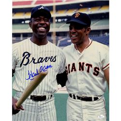 Hank Aaron Signed Braves Pose With Willie Mays 16X20 Photo ( JSA)