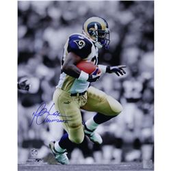 Marshall Faulk Rams Rushing Black/White Background Vertical 8X10 Photo W/ "HOF 20XI" Insc.