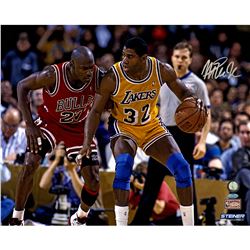 Magic Johnson Signed Posting Up Michael Jordan 16X20 Photo