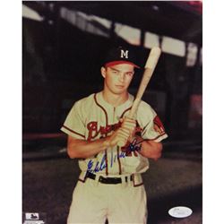 Eddie Mathews Signed 8X10 Holding Bat (JSA)