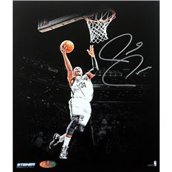 Paul Pierce Signed Brooklyn Nets Jumping Toward Basket Dark Background 16X20 Photo
