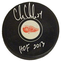 Chris Chelios Signed Red Wings Logo Hockey Puck W/HOF 2013
