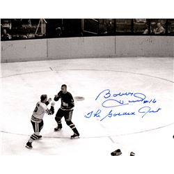 Bobby Hull Signed Chicago Blackhawks B&W Action Fight 11X14 Photo W/The Golden Jet