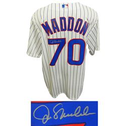 Joe Maddon Signed Chicago Cubs Majestic Replica White Pinstripe Jersey