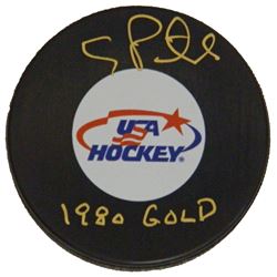 Craig Patrick Signed USA Hockey Logo Hockey Puck W/1980 Gold
