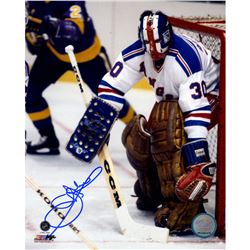 John Davidson Signed White Jersey In Net New York Rangers 8X10 Photo