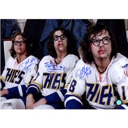 The Hanson Brothers Signed Charleston Chiefs Slap Shot Post Fight Bloody 14X20 Photo (AJ Sports Auth