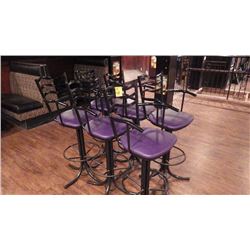 6 BLACK WITH PURPLE LEATHER SEAT SWIVEL BAR STOOLS