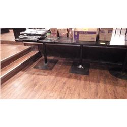 3 BLACK SINGLE PEDISTAL TABLES WITH TOPS AND ONE TOP WITHOUT PEDISTAL
