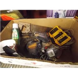BOX OF ASSORTED TOOLS - HAND SAW - SCREW DRIVERS ETC