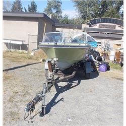 BOAT AND TRAILER AND OUTBOARD - BOAT - 4 SEATS - - ROOF COVER - K & C THERMOGLASS - MADE IN CANADA -