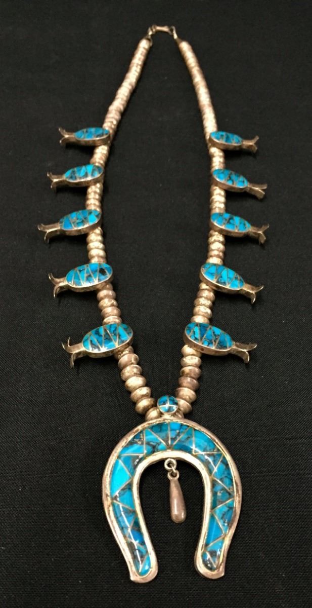 Vintage Turquoise Inlay Squash Blossom Necklace