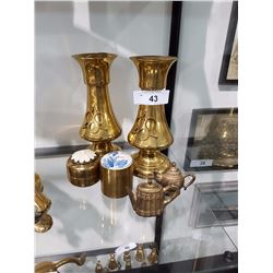 Lot of Pair Heavy Brass Vases, S&P Shakers Ivory Inlay Brass Box & Porcelain Topped Brass Box