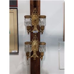 Pair of Fabulous Brass and Crystal Wall Light Fixtures