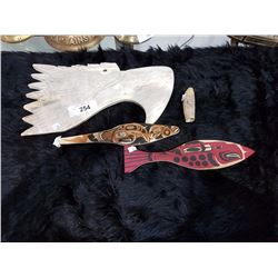 Carved Antler, Whale Tooth, and 2 Native Carved Paddles Signed Betty Joe