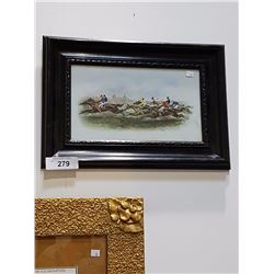 Framed Painted Tile of a Horse Race Signed