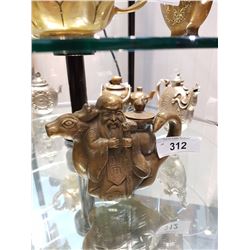 Early Asian Brass Man, Deer, and Goose Teapot