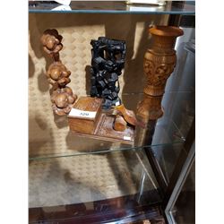 Carved Wood Cigarette Holder and 3 carved Statues