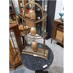 3 Asian Brass Bells On Stand W/ Gong