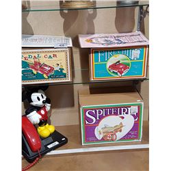 3 NIB Diecast Pedal Cars & 2 Vintage Diner Menus
