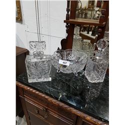 2 Crystal Decanters & Footed Crystal Bowl