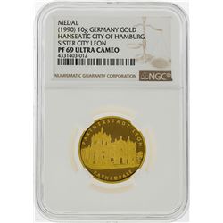 1990 10g Germany Gold Hamburg Sister City Leon Medal NGC Graded PF69 Ultra Cameo