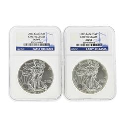 Set of (2) 2013 $1 American Silver Eagle Coins NGC MS69 Early Releases
