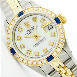 Womens Rolex Two-Tone Mother Of Pearl Sapphire Datejust Wristwatch