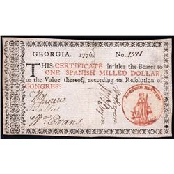 1776 $1 Georgia "Spanish Milled Dollar" Colonial Note - Top Margin Split