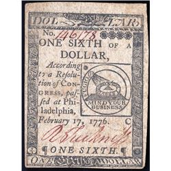 February 17, 1776 One Sixth Dollar Continental Currency Note