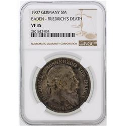 1907 Germany 5M Baden Friedrich's Death Coin NGC Graded VF35
