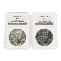 Set of 1988-1989 $1 American Silver Eagle Coins NGC MS69