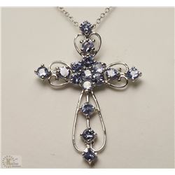 #27-STERLING SILVER TANZANITE CROSS NECKLACE W/COA