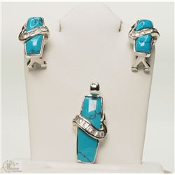 #30-STERLING SILVER TURQUOISE  & CZ SET W/COA