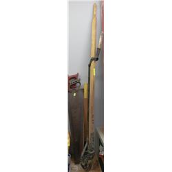 LOT OF TOOLS INCLUDING POST HOLE DIGGER, CROWBAR,
